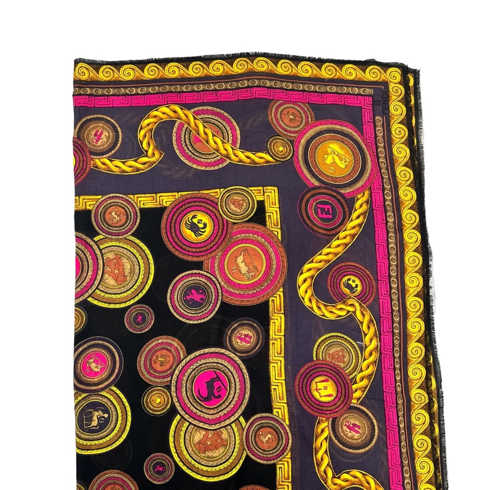 FENDI WOOL & SILK ZODIAC SIGNS IN BLUE, BLACK, PINK & GOLD FOULARD SCARF - Picture 6 of 14